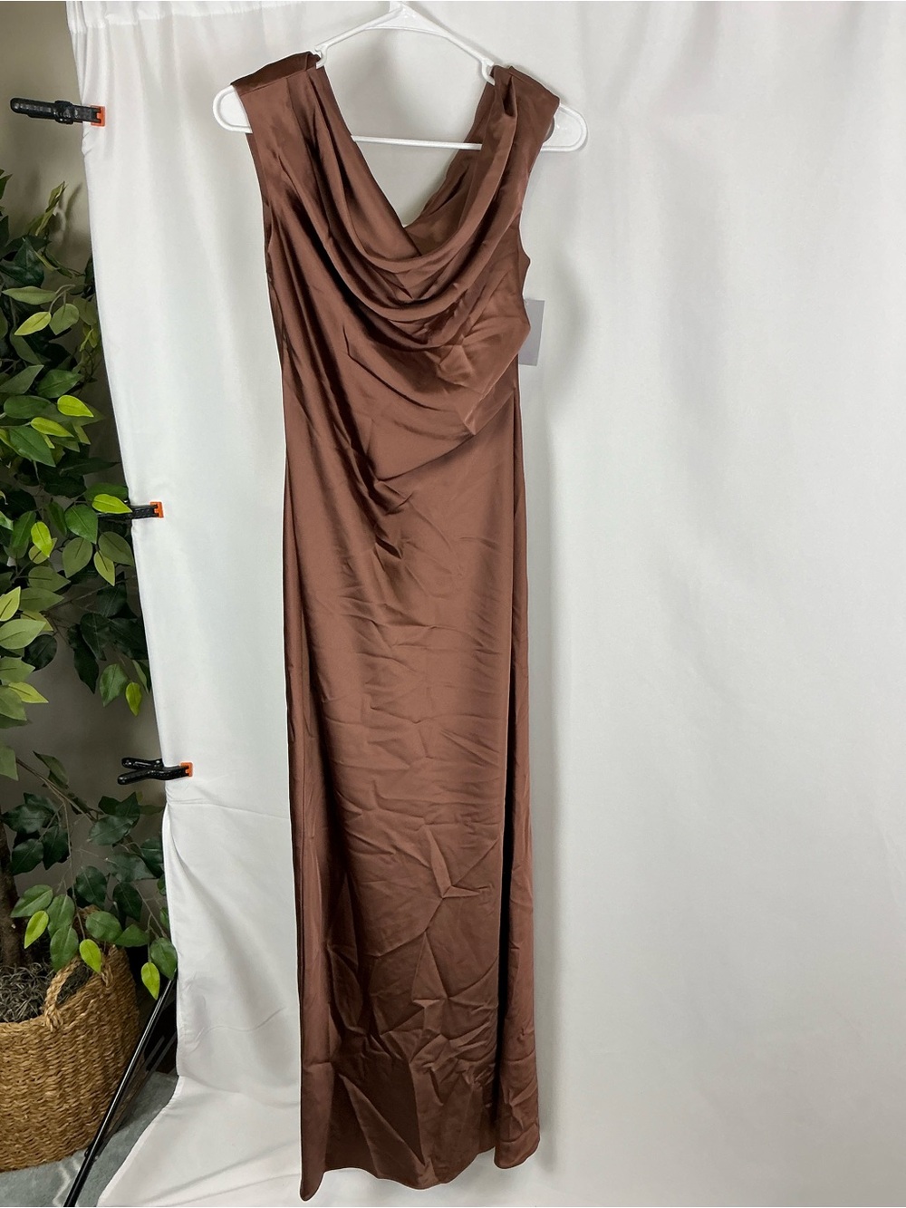 After Six One-Shoulder Satin Maxi Dress in Cognac Brown - Picture 2 of 6